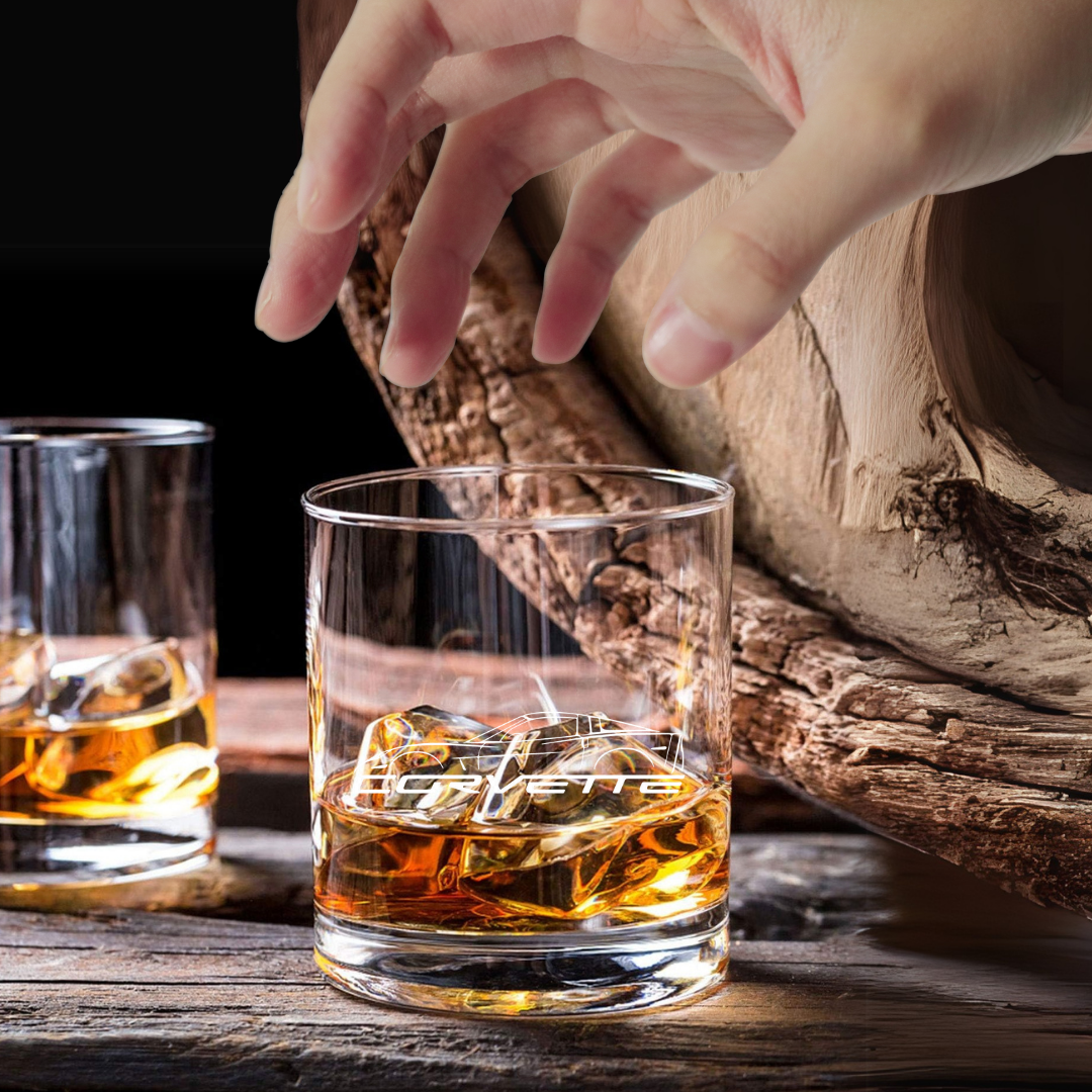 Custom Engraved Corvette Whiskey Glass – 7 oz Old Fashioned Rocks Glass