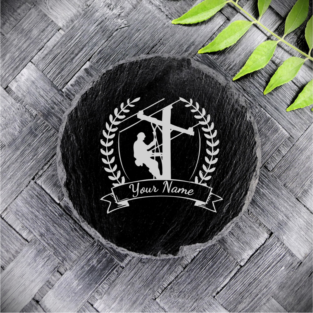 Lineman Slate Coaster Brand New Handcrafted Laser Engraved Round