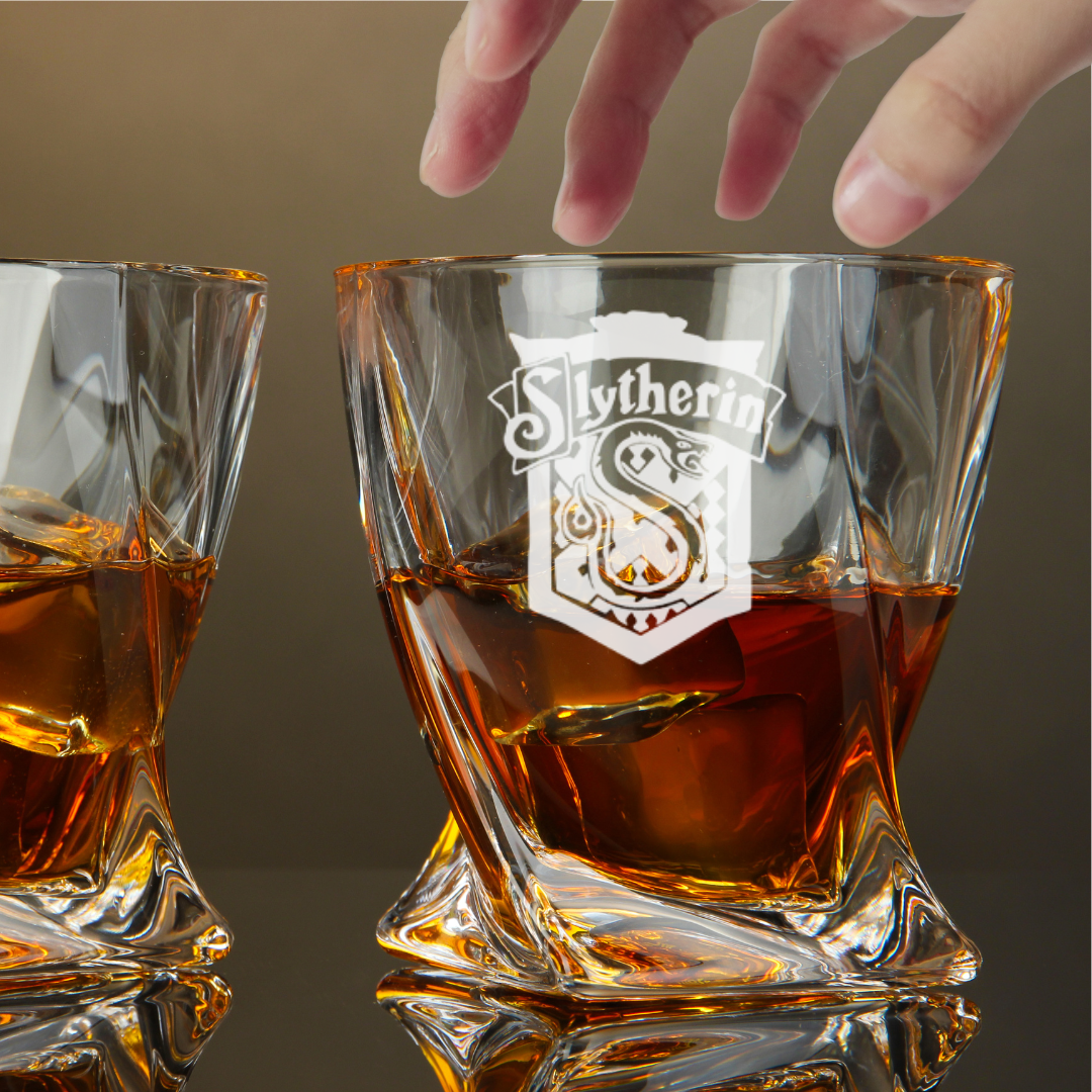 Custom Harry Potter House Slytherin Whiskey Glass – 10 oz Twisted Rocks Glass