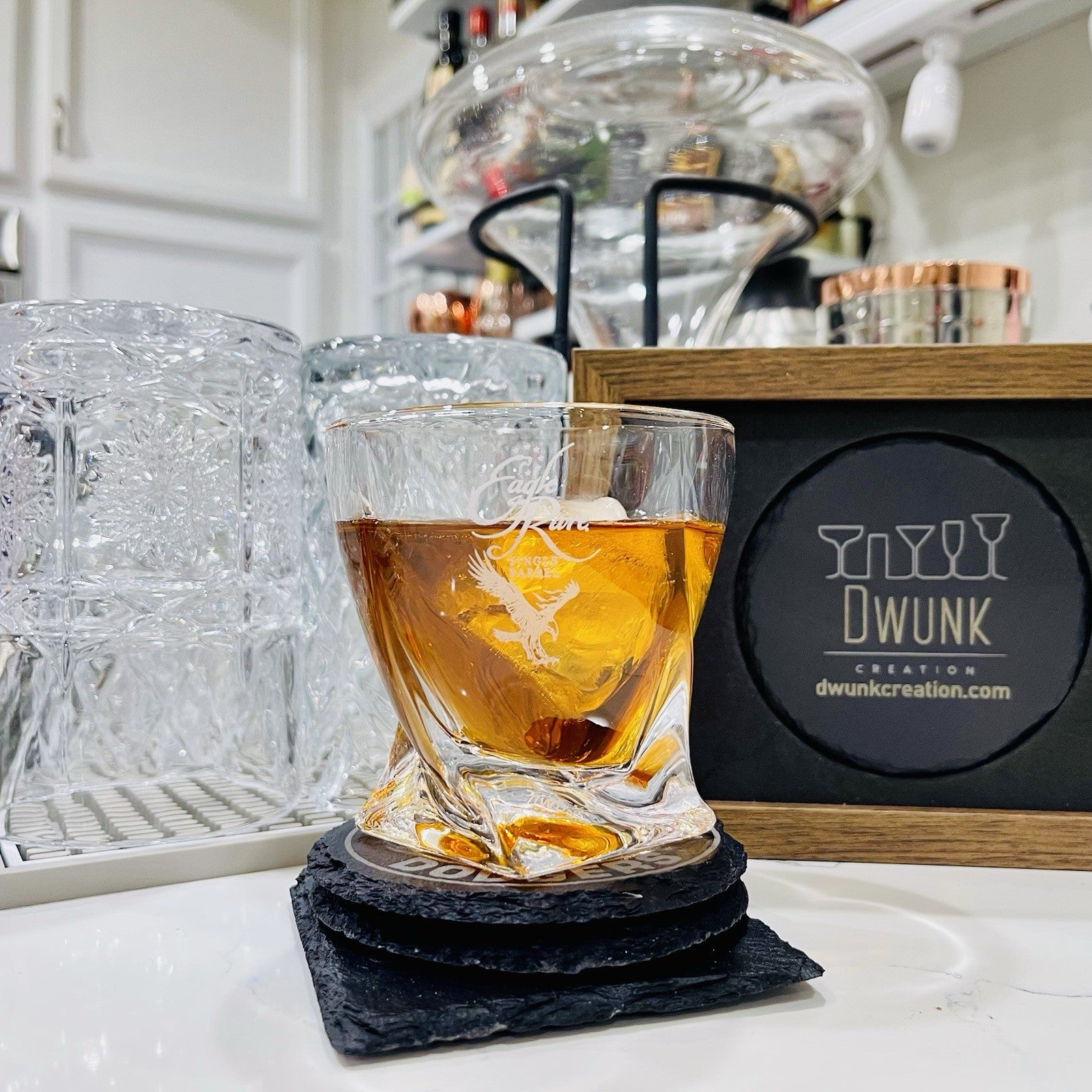 Custom Engraved Eagle Rare Single Barrel Whiskey Glass 10 oz Twisted Rocks Glass