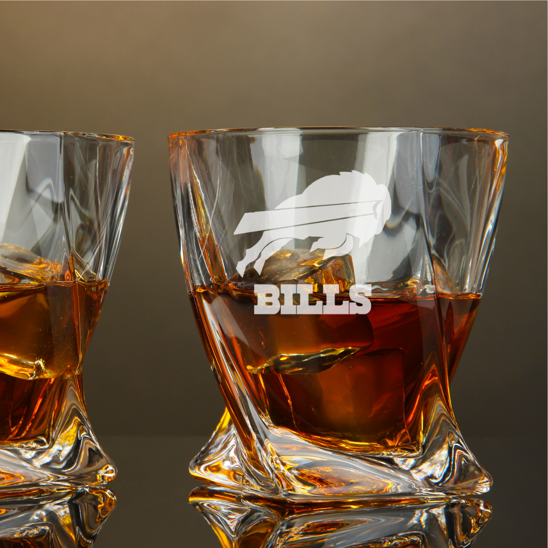 Custom Engraved Buffalo Bills Whiskey Glass – 10 oz Twisted Rocks Glass