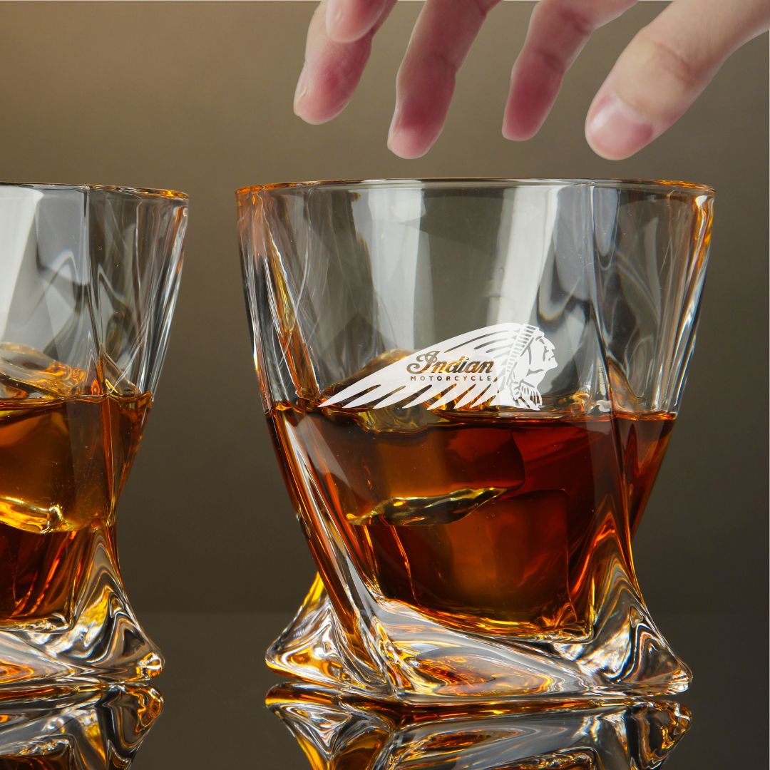 Custom Engraved Indian Motorcycle Whiskey Glass – 10 oz Twisted Rocks Glass