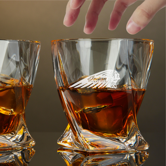 Custom Engraved Indian Motorcycle Whiskey Glass – 10 oz Twisted Rocks Glass