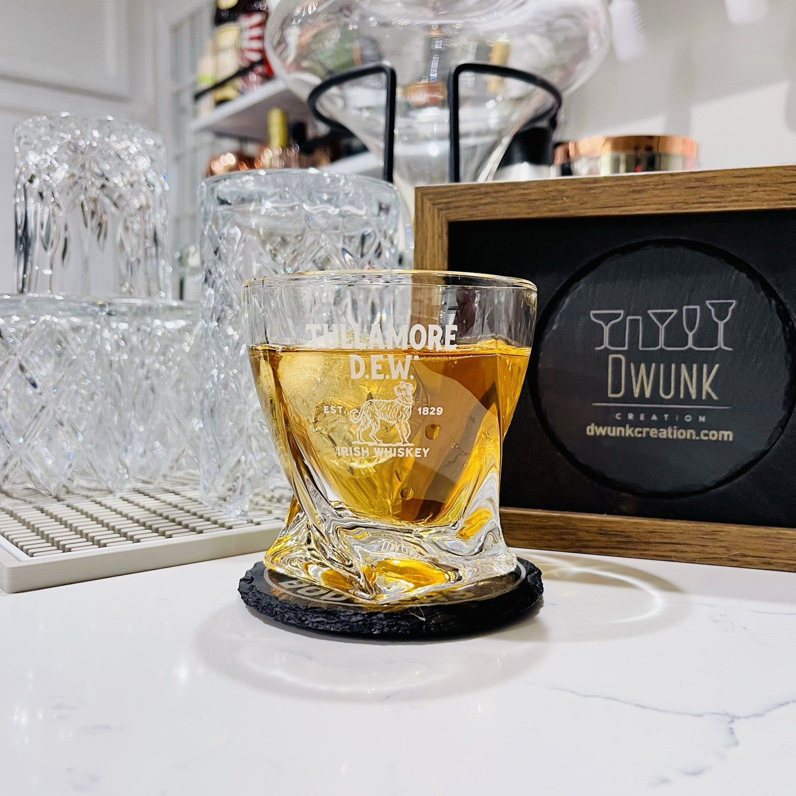 Custom Engraved Tullamore D.E.W. Irish Whiskey Glass – 10 oz Twisted Rocks Glass