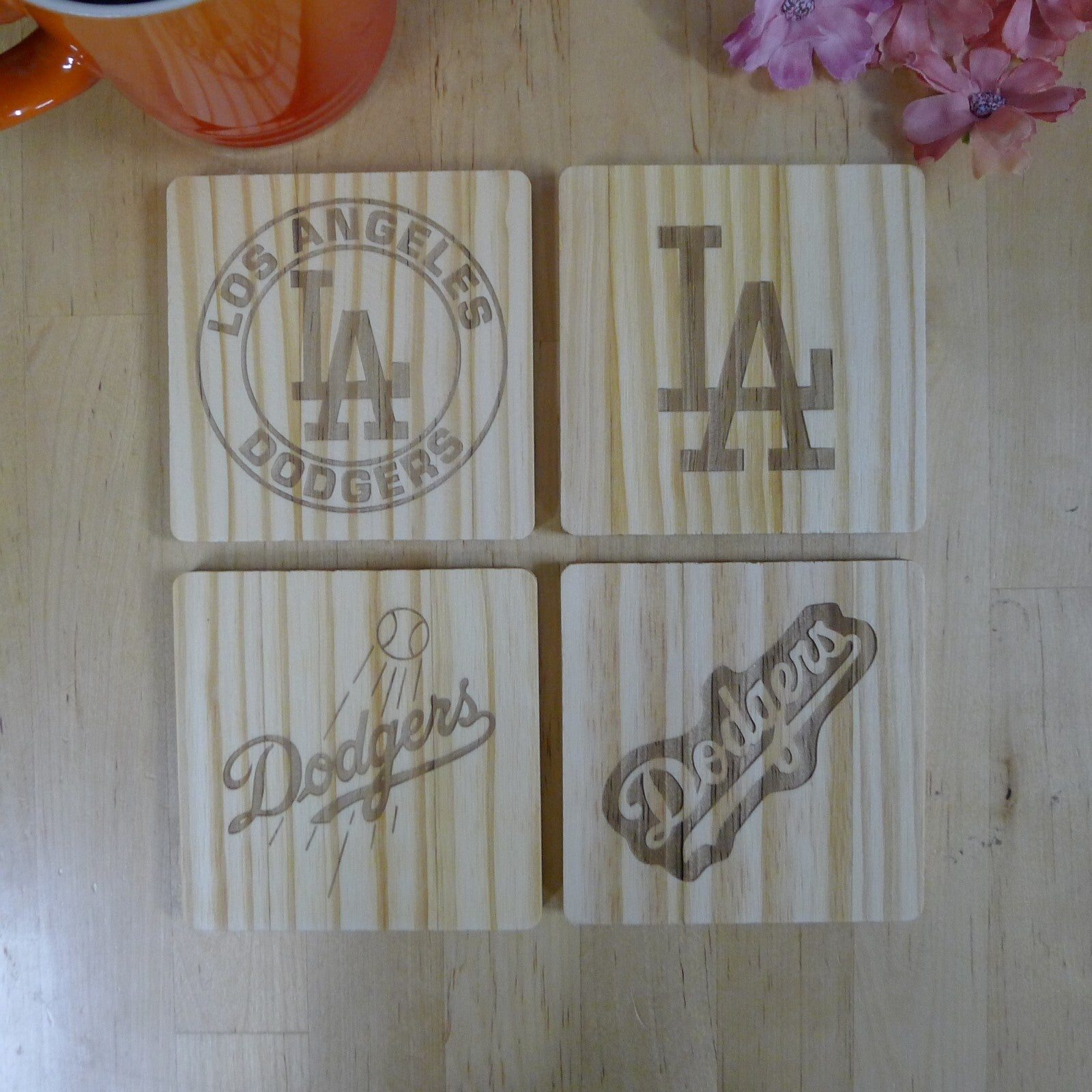 Los Angeles LA Dodgers Coaster Set MLB Brand New Laser Engraved Wood Hand Made 