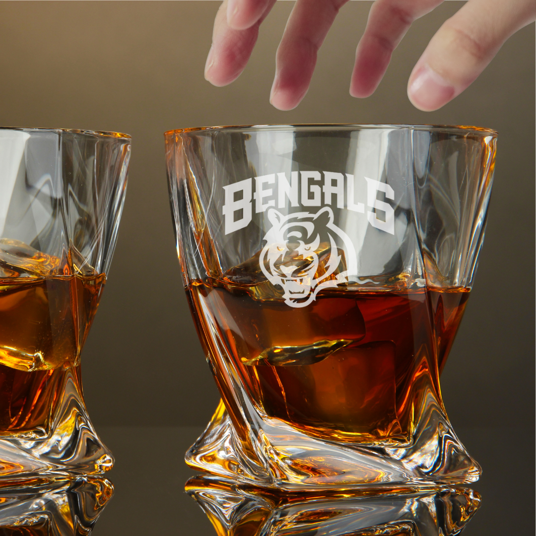 Custom Engraved Cincinnati Bengals Whiskey Glass – 10 oz Twisted Rocks Glass