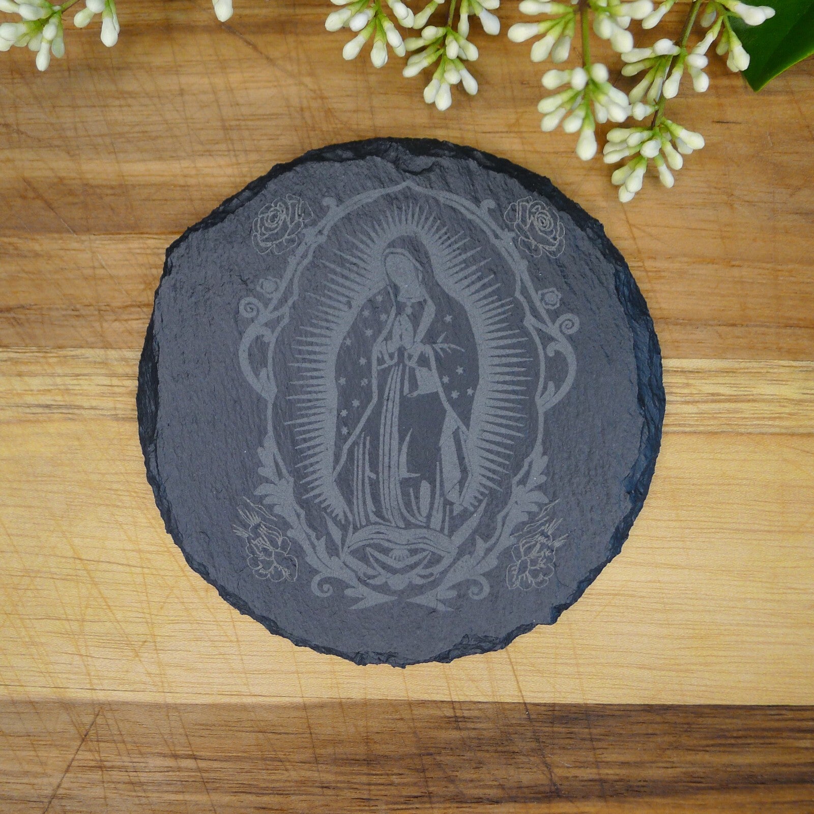 Juego de Portavasos de Pizarra con la Virgencita de Guadalupe
