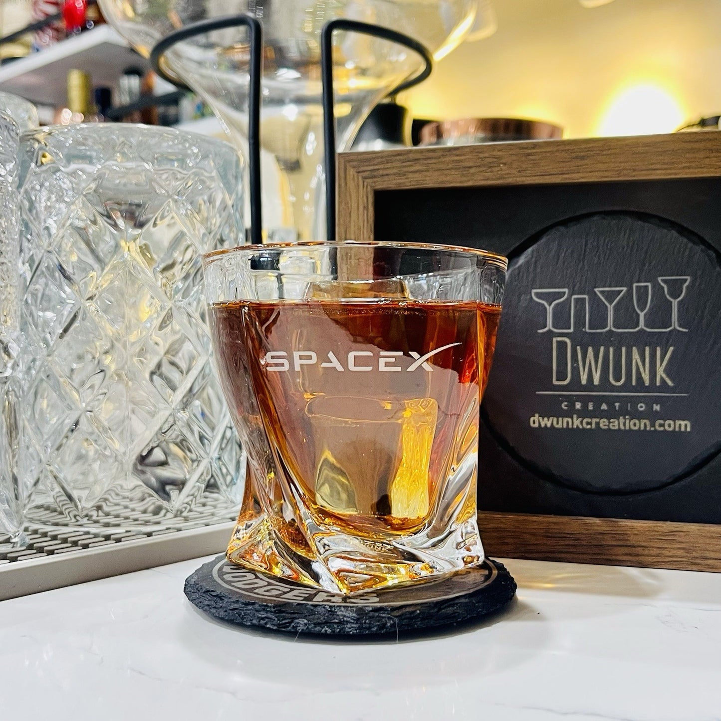 Custom Engraved SpaceX Whiskey Glass – 10 oz Twisted Rocks Glass