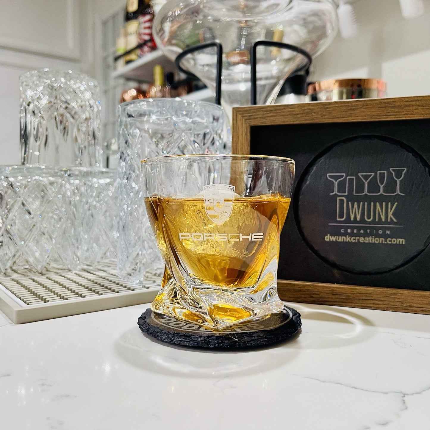Custom Engraved Porsche Whiskey Glass – 10 oz Twisted Rocks Glass