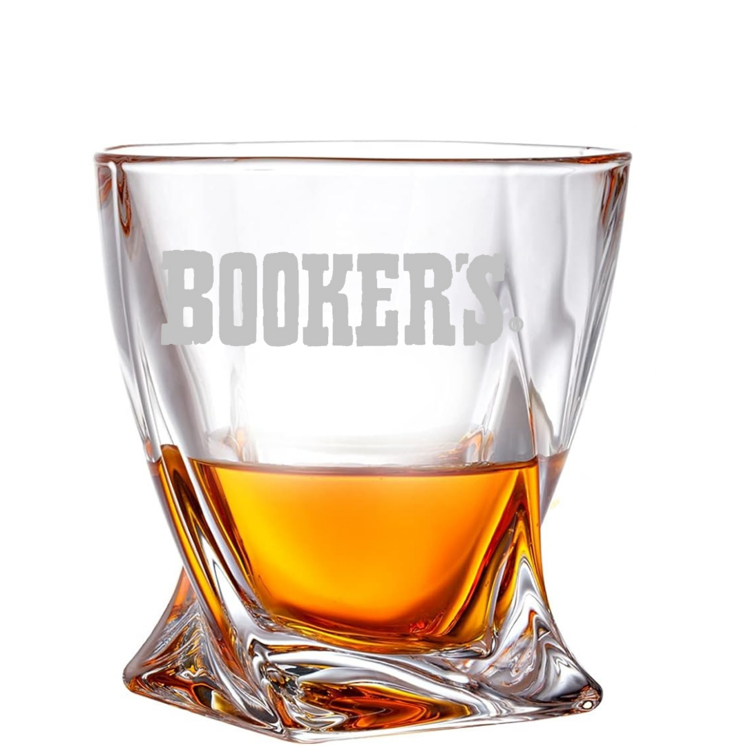 BOOKER’S Twisted Whiskey Glass 10 OZ Old Fashioned Laser Engraved Rock Glass New