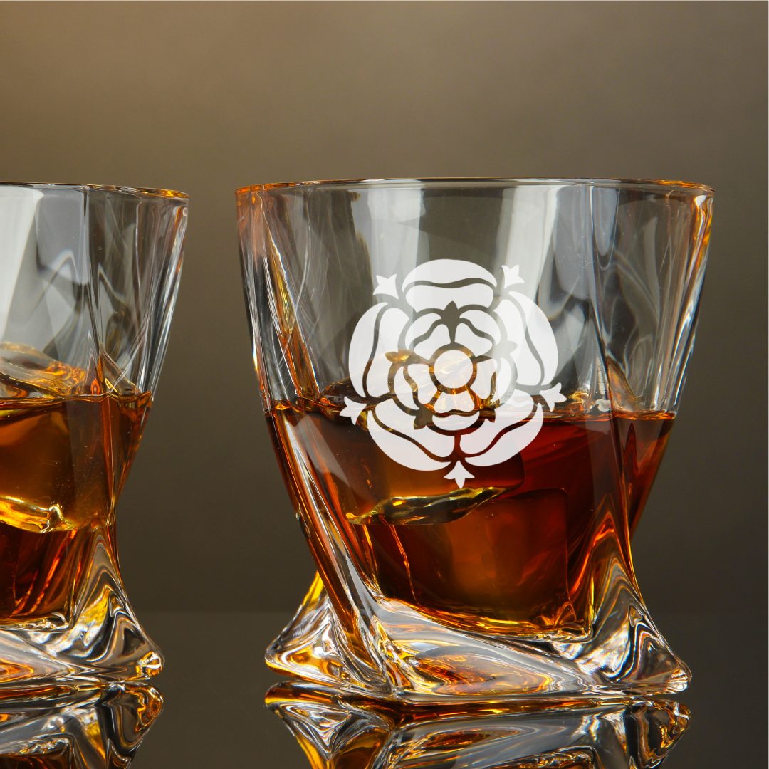 Custom Engraved Tudor Rose Whiskey Glass – 10 oz Twisted Rocks Glass