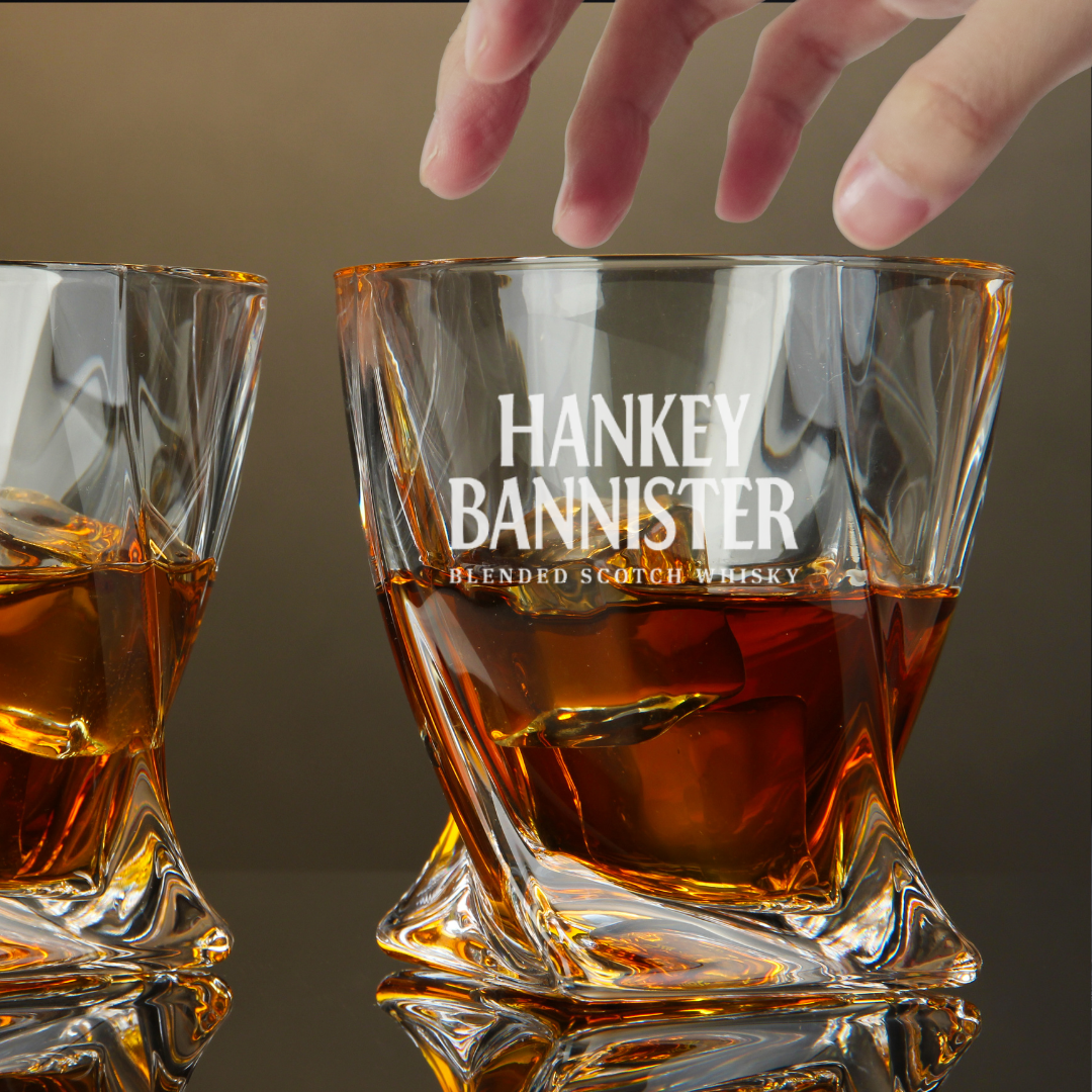 Custom Engraved Hankey Bannister Whiskey Glass – 10 oz Twisted Rocks Glass