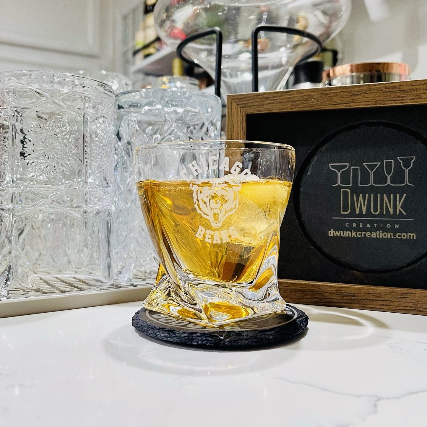 Custom Engraved Chicago Bears Whiskey Glass – 10 oz Twisted Rocks Glass