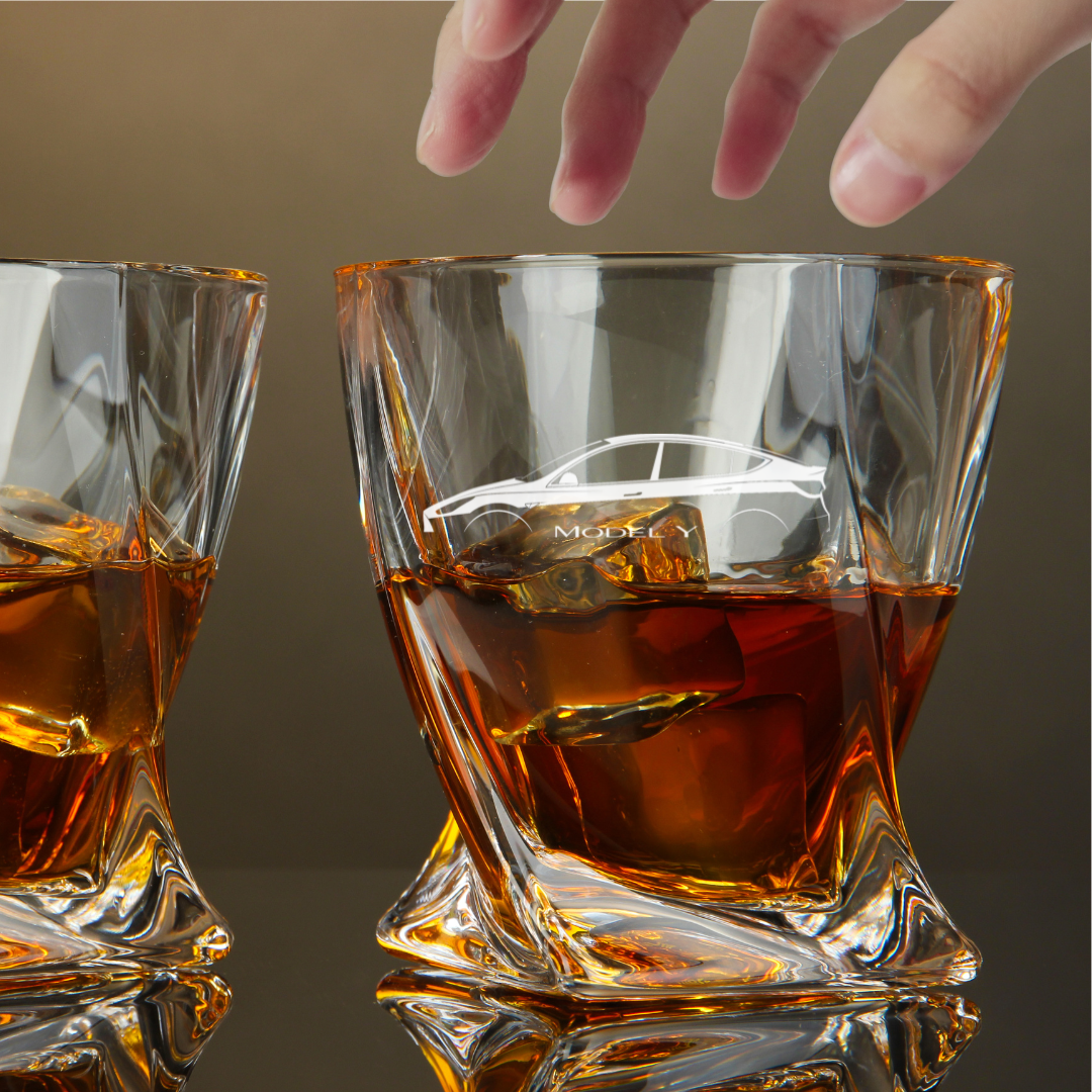Custom Engraved Tesla Model Y Whiskey Glass – 10 oz Twisted Rocks Glass