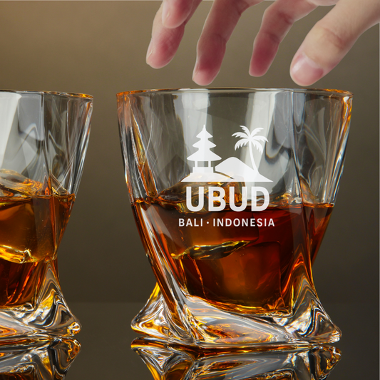 Custom Engraved Ubud Bali Indonesia Whiskey Glass – 10 oz Twisted Rocks Glass