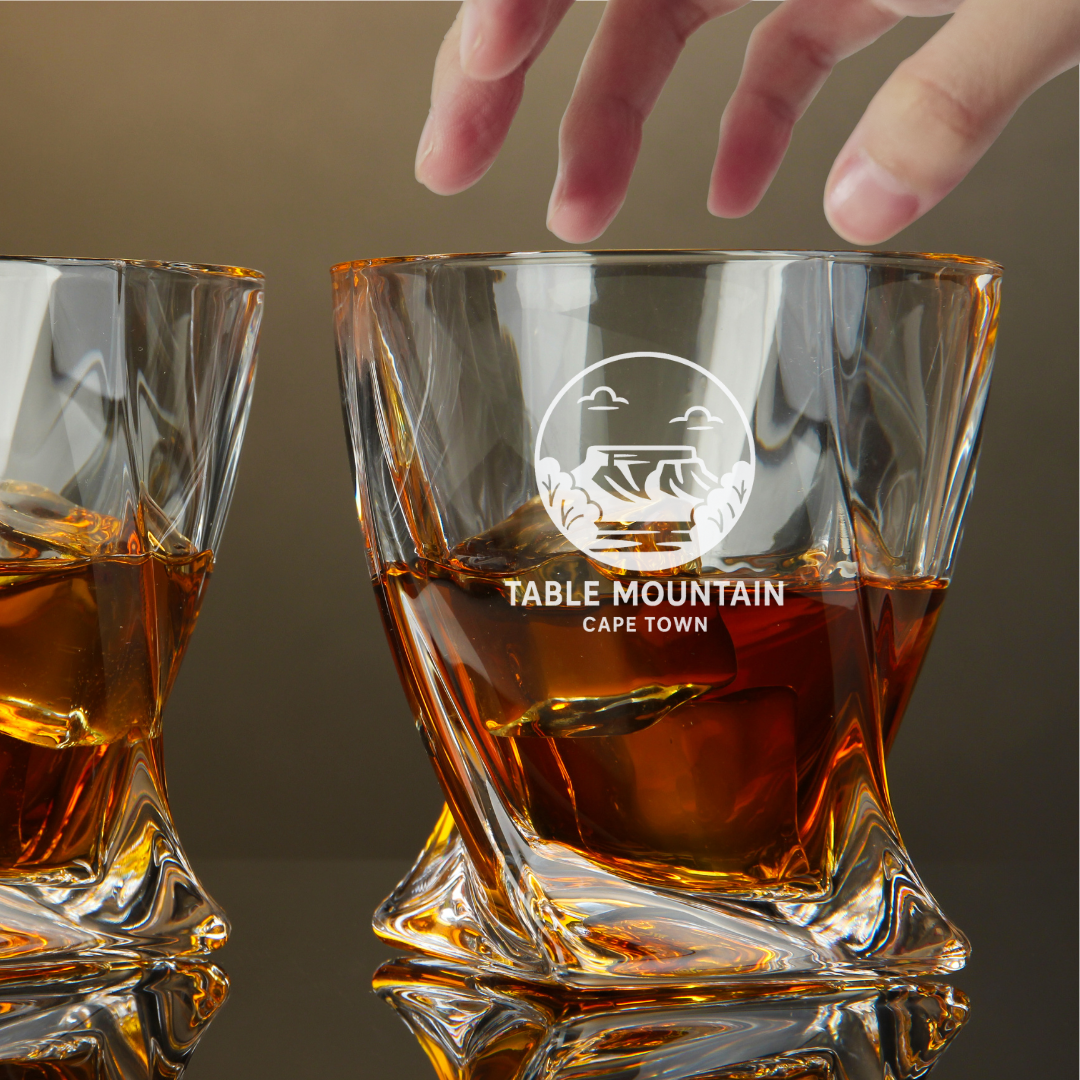 Custom Engraved Table Mountain Cape Town Whiskey Glass 10 oz Twisted Rocks Glass