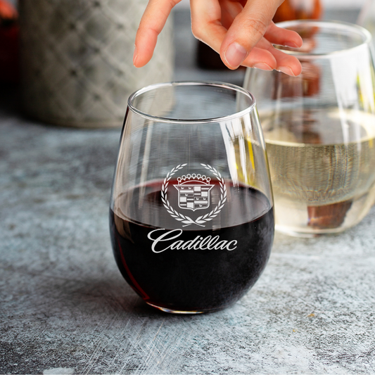 Custom Engraved Cadillac Stemless Wine Glass – 15 oz Stemless Glass