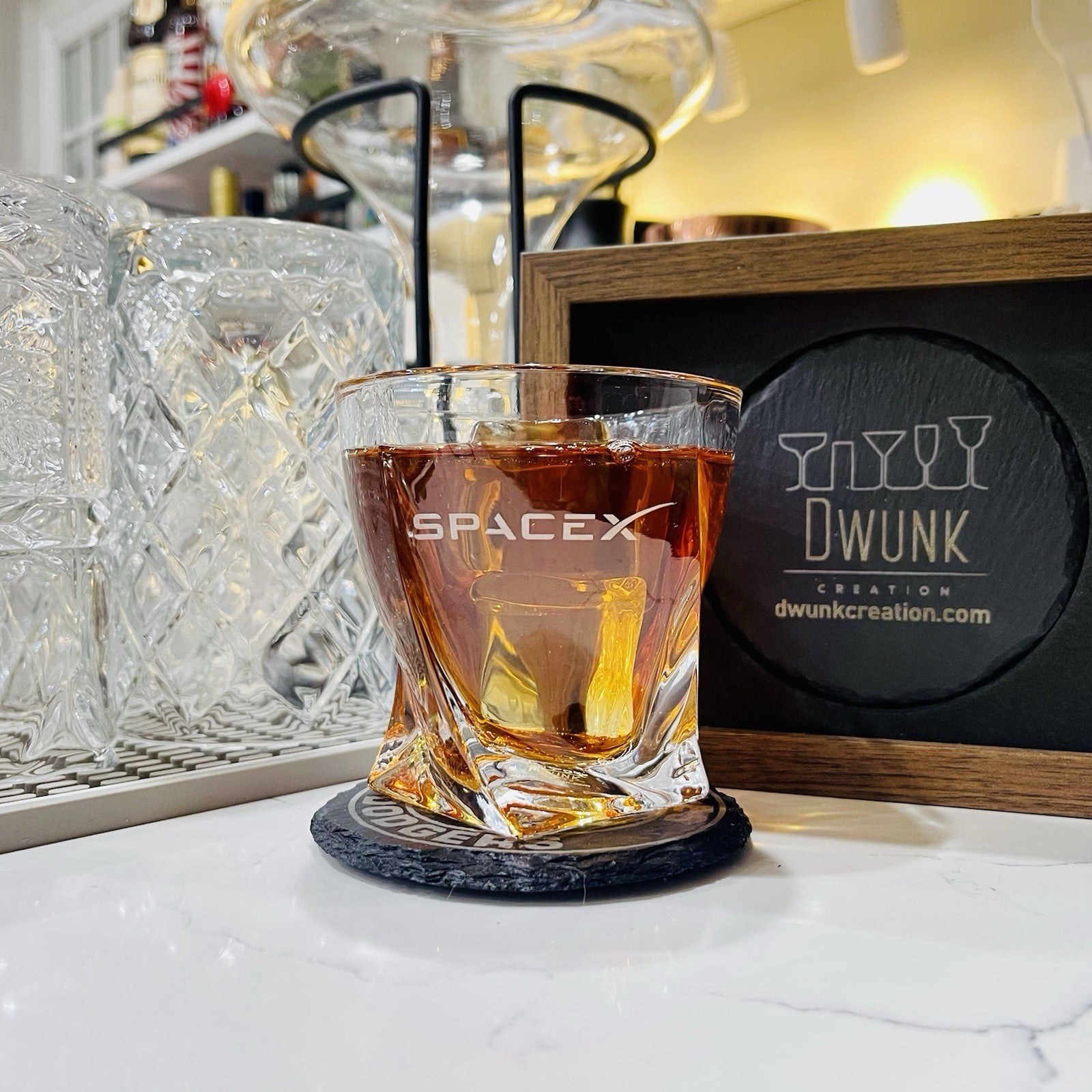Custom Engraved SpaceX Whiskey Glass – 10 oz Twisted Rocks Glass