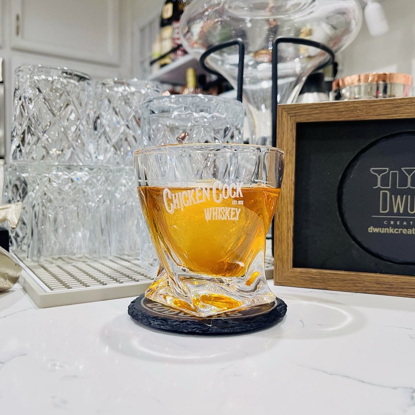 Custom Engraved Chicken Cock Twisted Whiskey Glass – 10 oz Rocks Glass