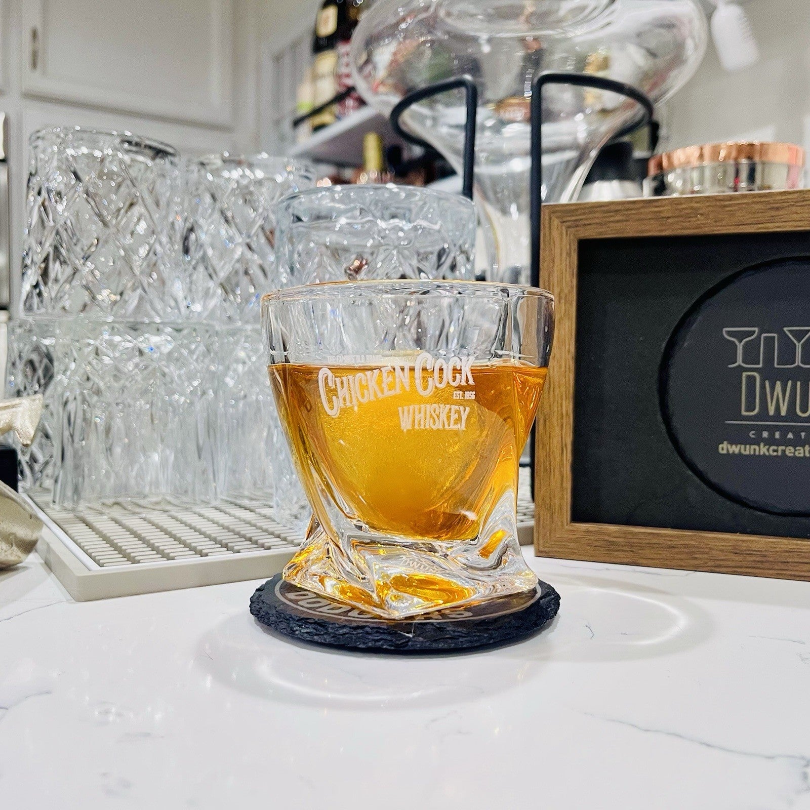 Custom Engraved Chicken Cock Twisted Whiskey Glass – 10 oz Rocks Glass