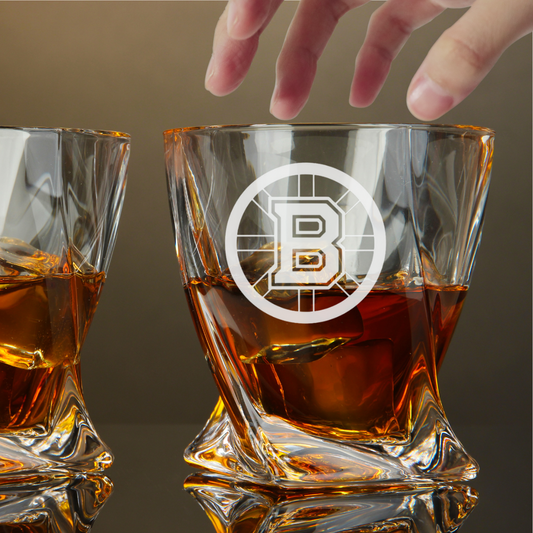 Custom Engraved Boston Bruins Whiskey Glass – 10 oz Twisted Rocks Glass