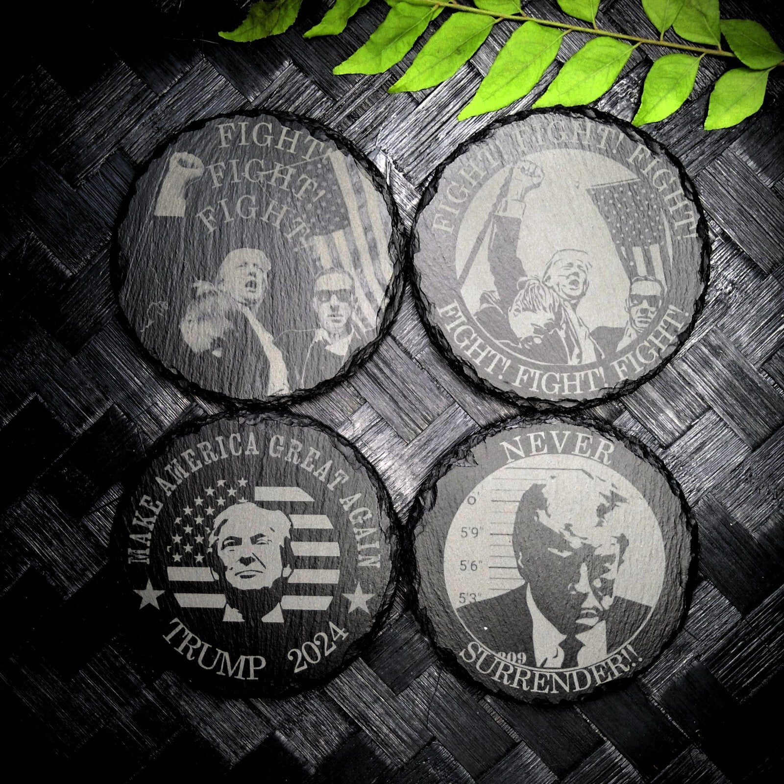 Trump 2024 FIGHT Never Surrender Assassination MAGA Slate Coaster Set