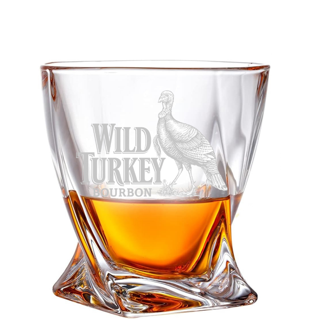Custom Engraved Wild Turkey Bourbon Whiskey Glass 10 oz Twisted Rocks Glass NEW