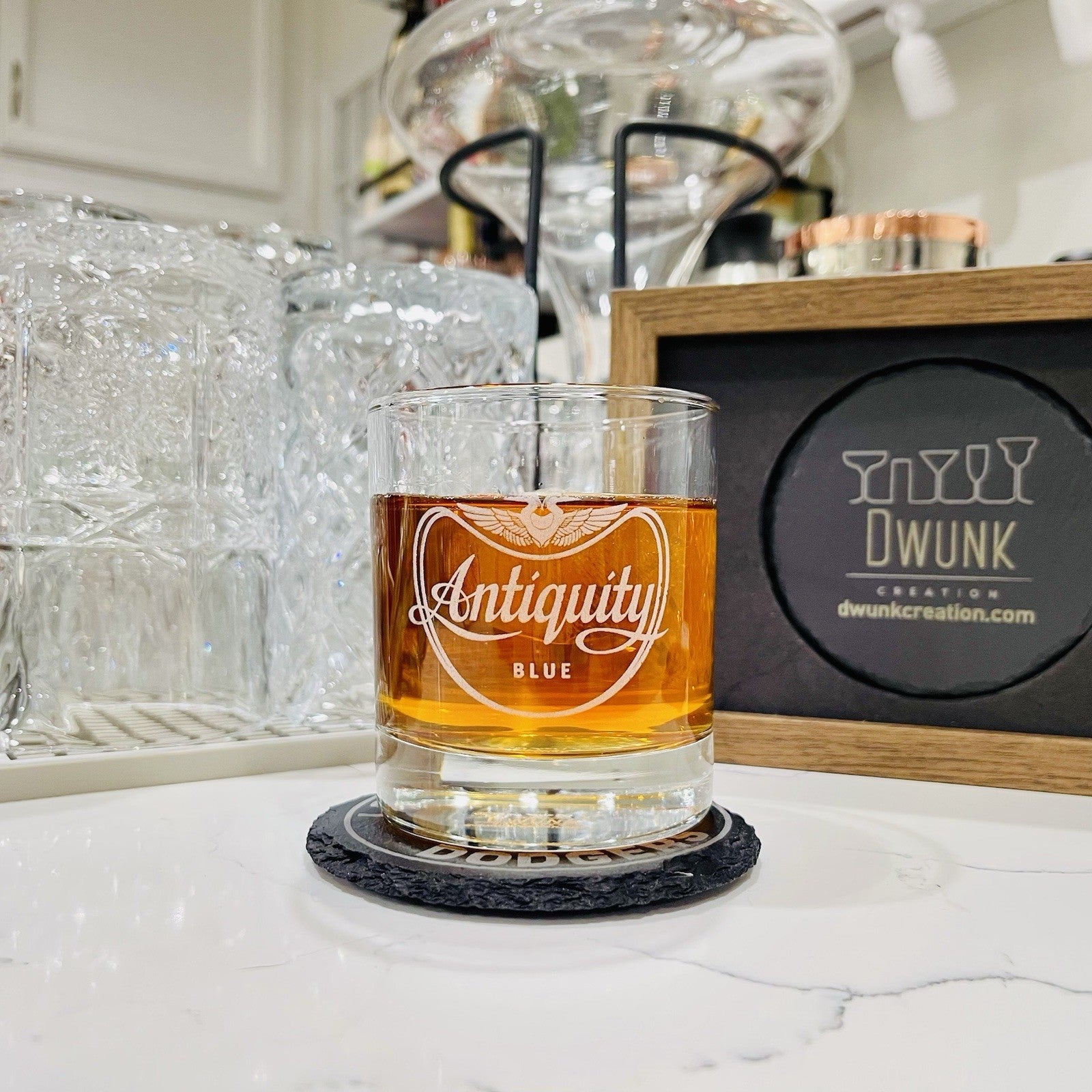 Custom Engraved Antiquity Blue Whiskey Glass – 11 oz Standard Rocks Glass