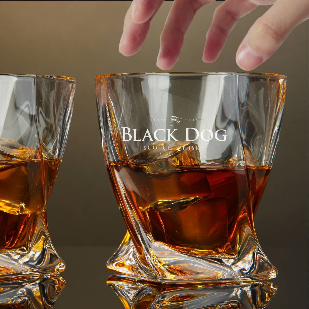 Custom Engraved Black Dog Whiskey Glass – 10 oz Twisted Rocks Glass