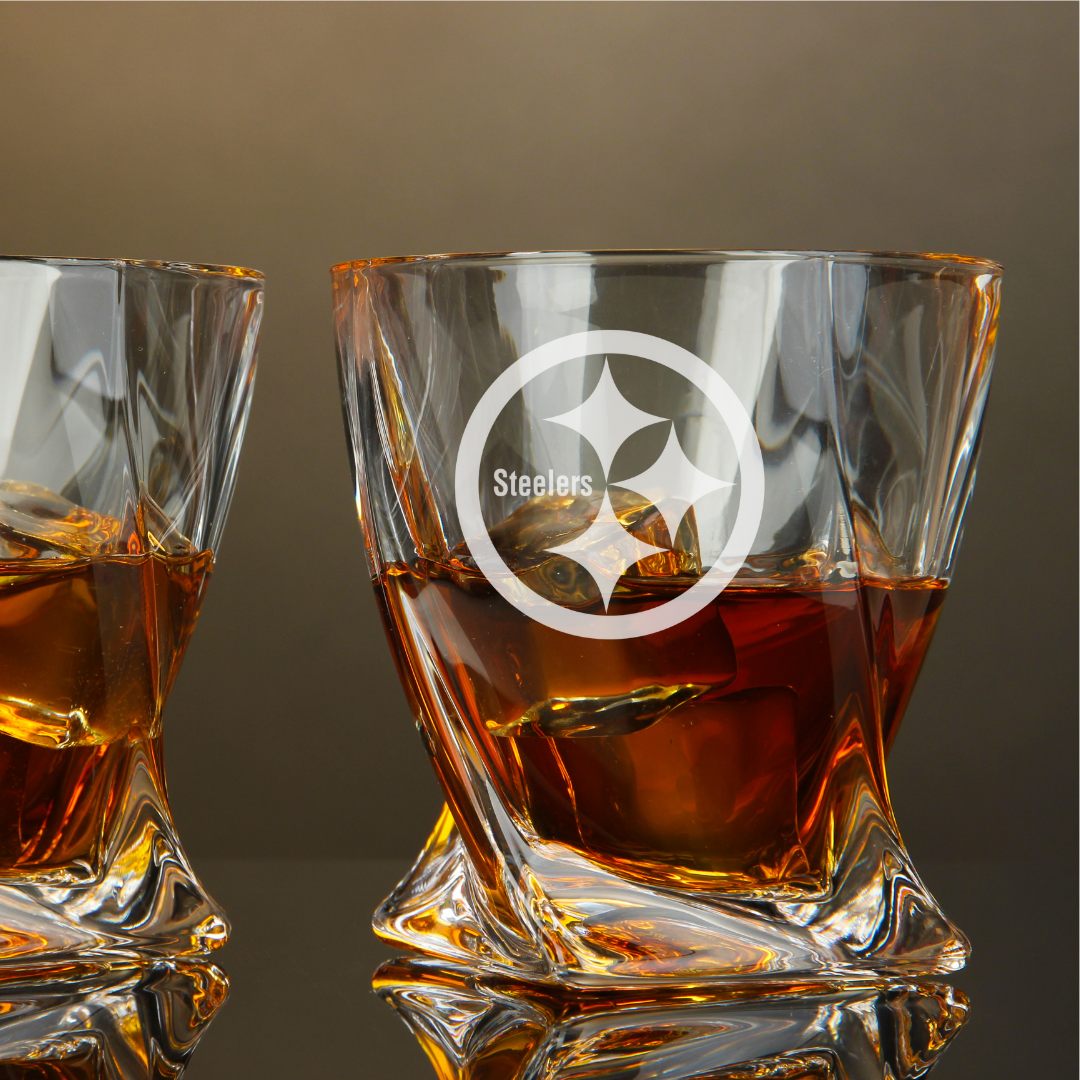 Custom Engraved Pittsburgh Steelers Whiskey Glass – 10 oz Twisted Rocks Glass