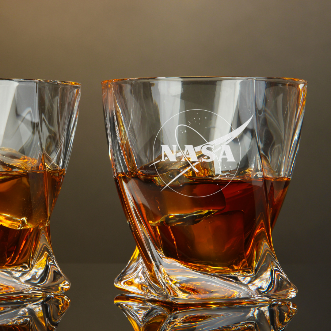 Custom Engraved NASA Style Whiskey Glass – 10 oz Twisted Rocks Glass