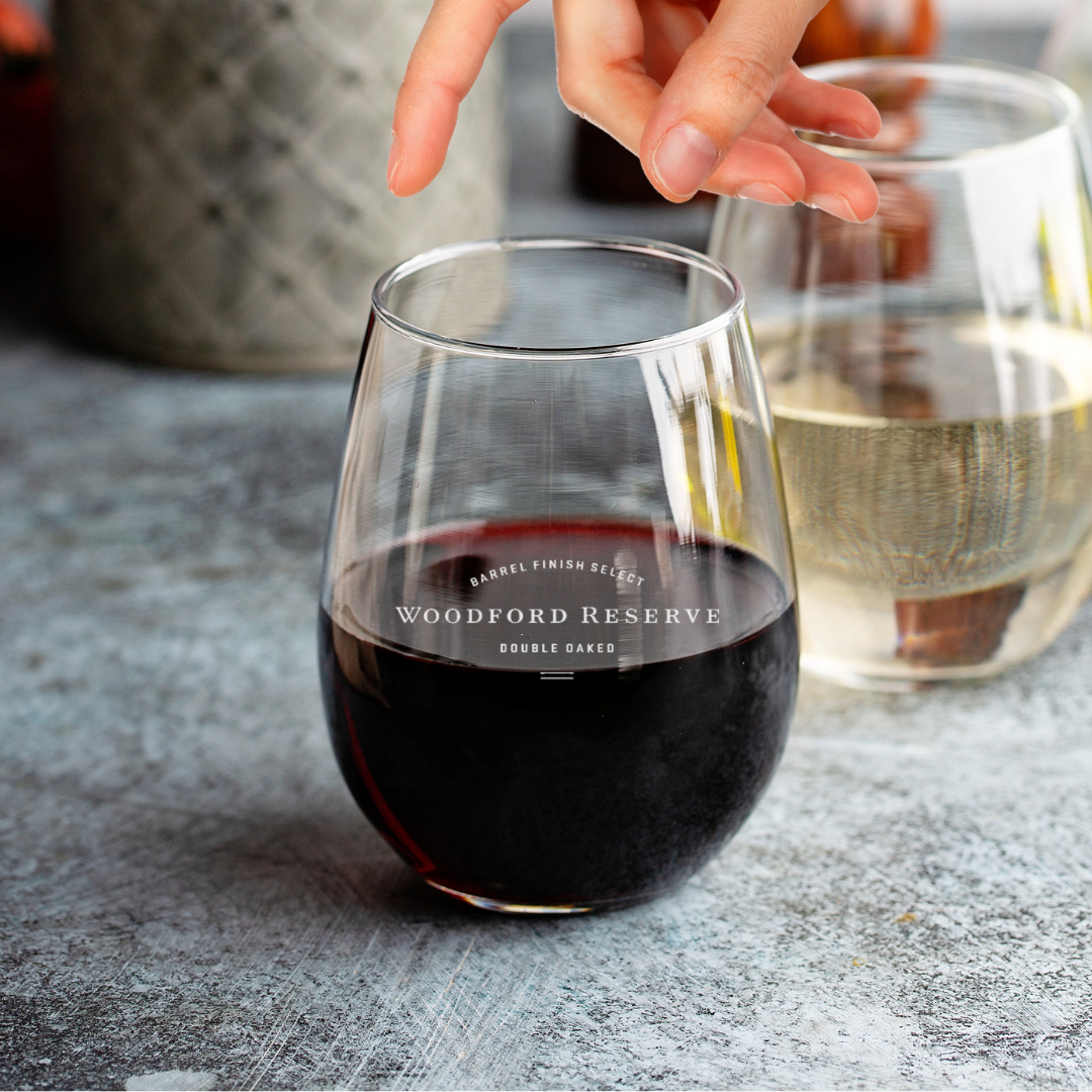 Custom Engraved Woodford Reserved Double Oak Whiskey Glass – 15 oz Stemless