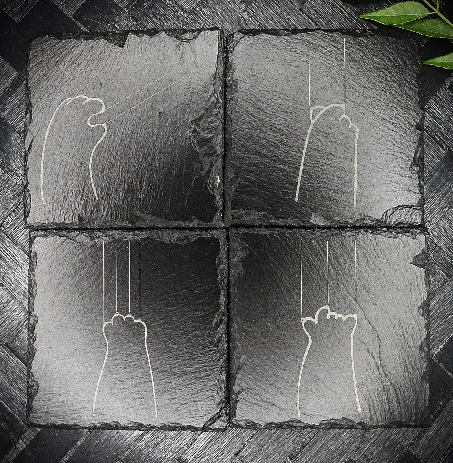 Cute Cat Claw Slate Coaster Set - Cute Engraved Minimalist Cat Paw Design