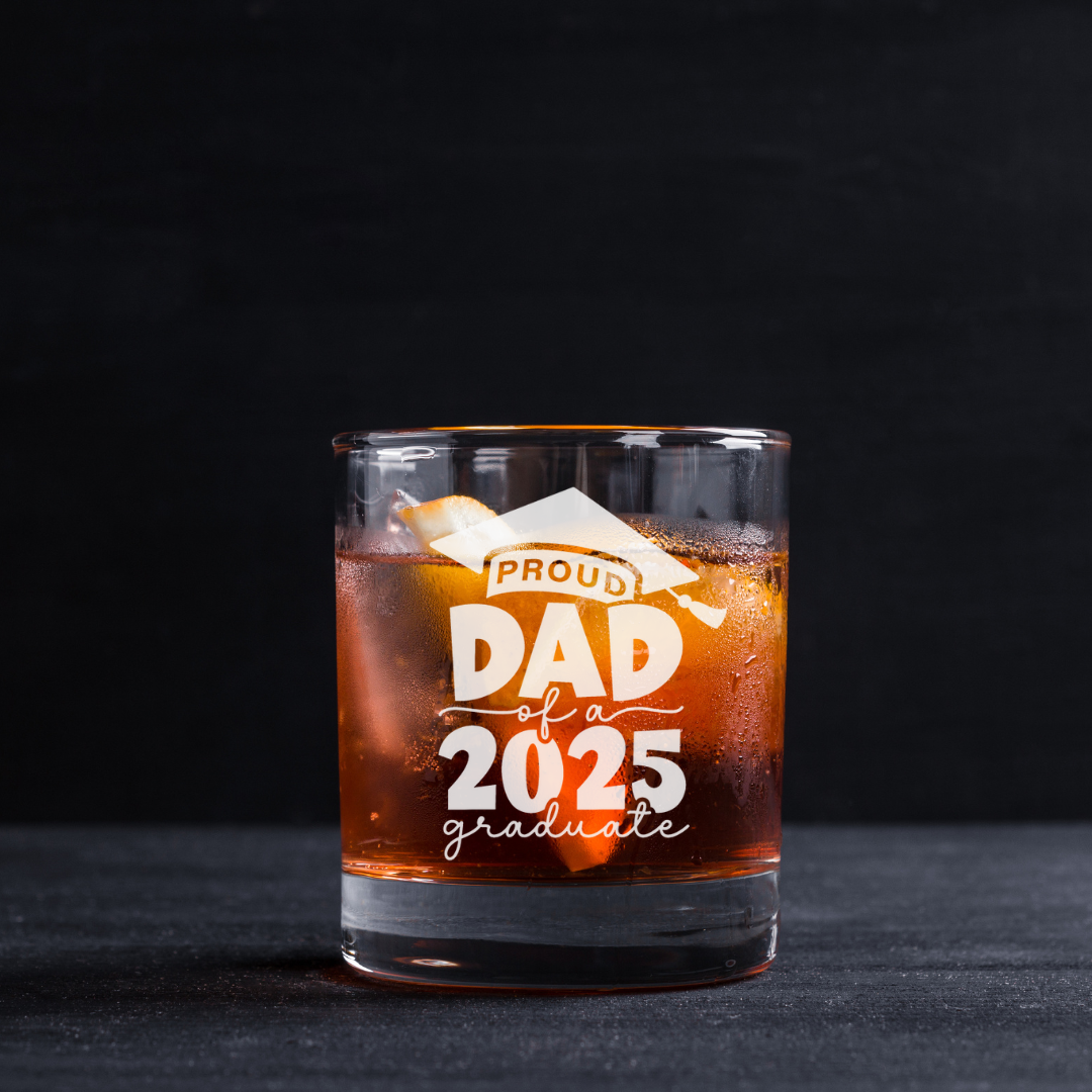 Custom Engraved Proud Dad of a 2025 Graduate Whiskey Glass – 11 oz Standard Rock