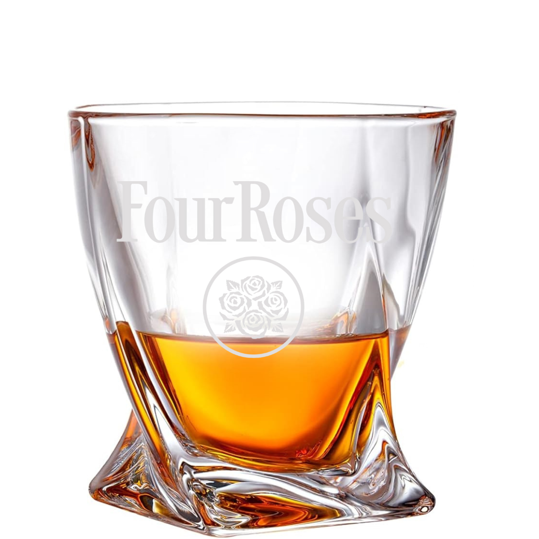 Custom Engraved Four Roses Whiskey Glass – 10 oz Twisted Rocks Glass New