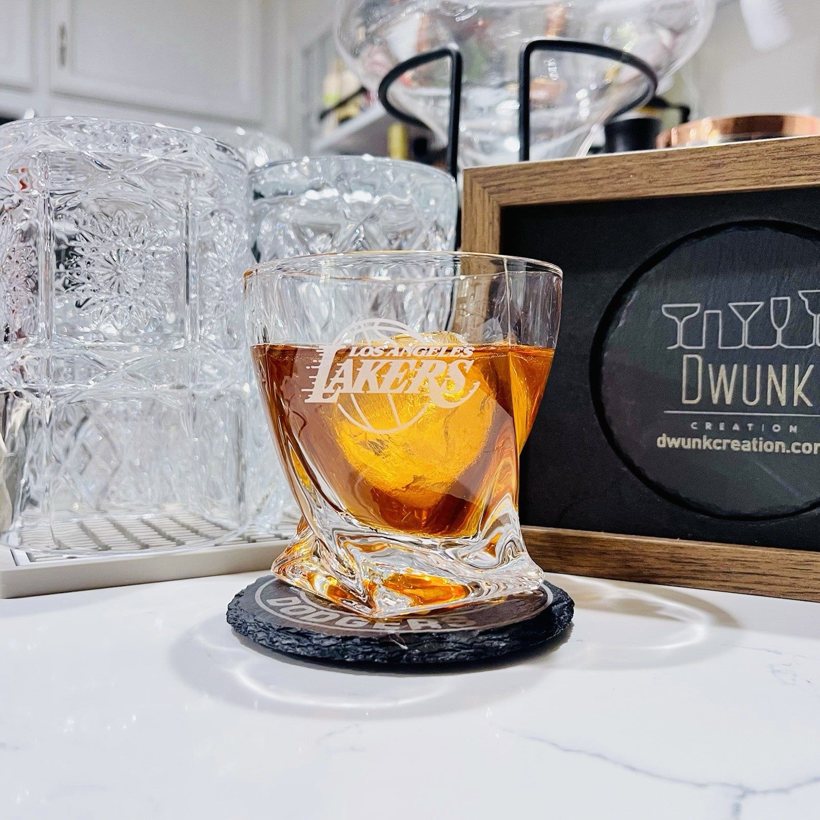 Custom Engraved Los Angeles Lakers Whiskey Glass – 10 oz Twisted Rocks Glass