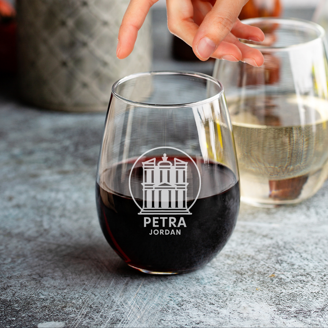 Custom Engraved Petra Jordan Wine Glass – 15 oz Stemless Glass