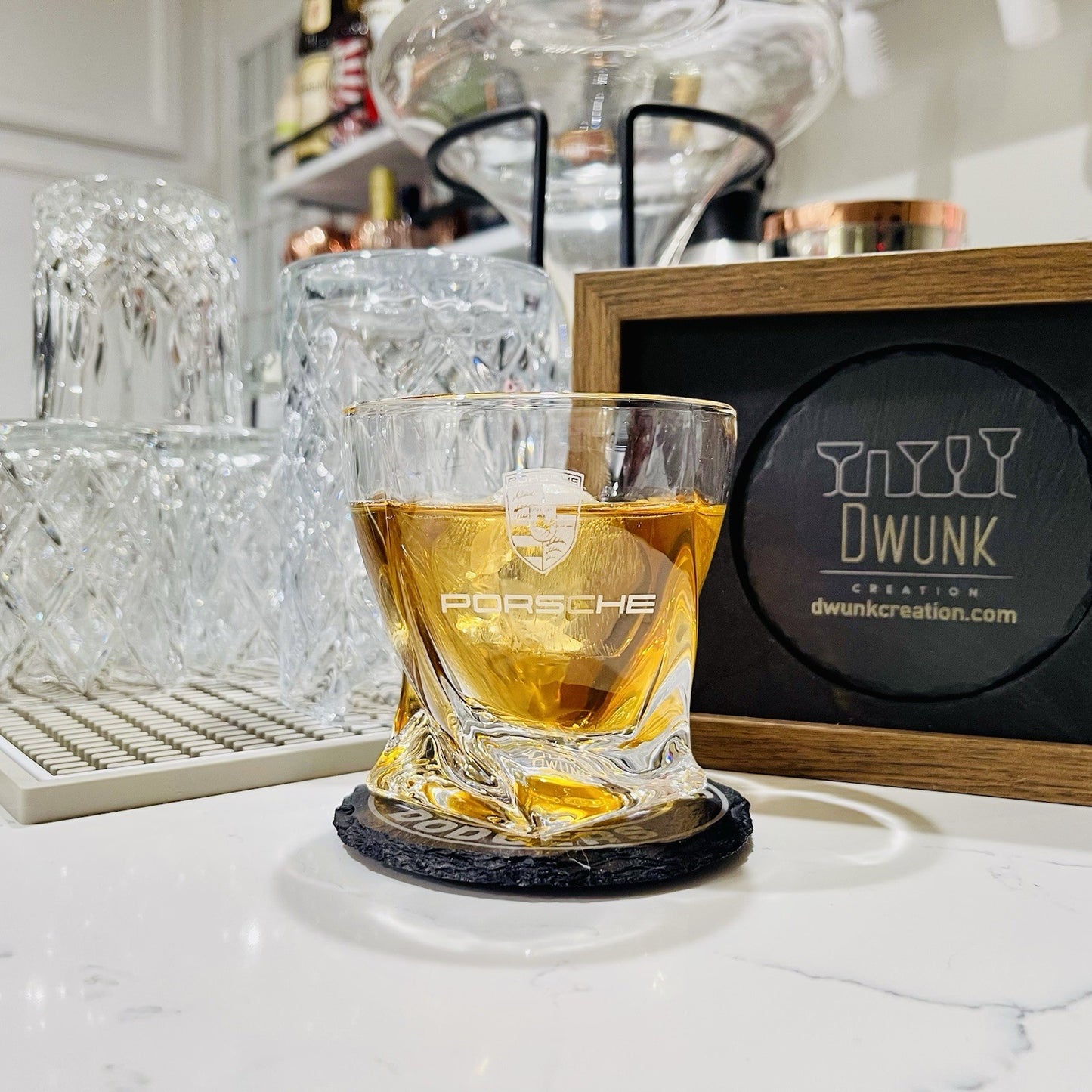 Custom Engraved Porsche Whiskey Glass – 10 oz Twisted Rocks Glass