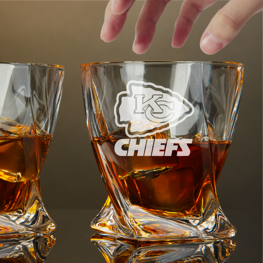 Custom Engraved Kansas City Chiefs Whiskey Glass – 10 oz Twisted Rocks Glass