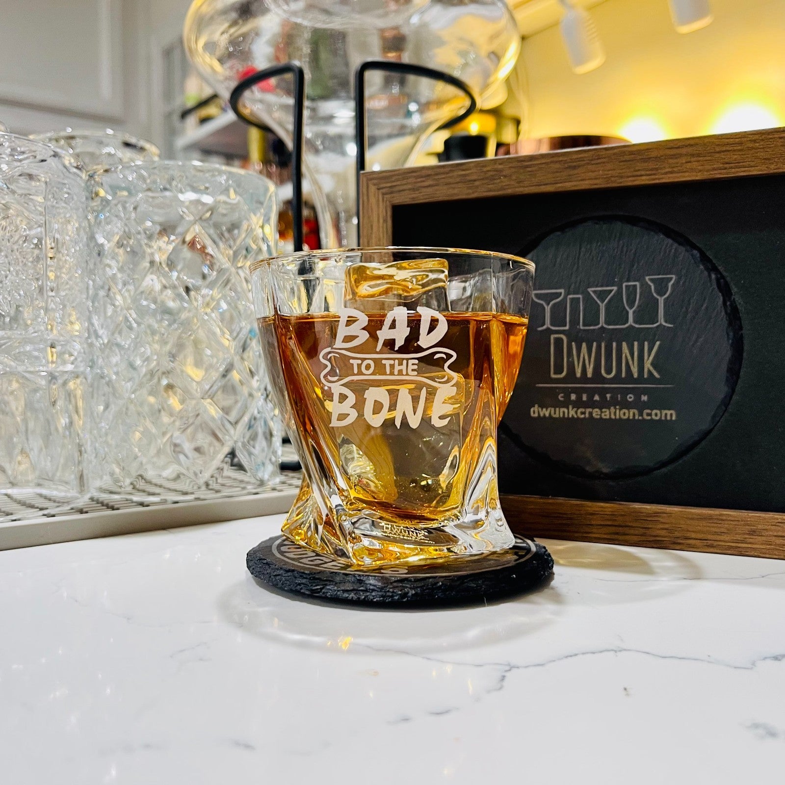 Custom Engraved Bad to the Bone Whiskey Glass – 10 oz Twisted Rocks Glass