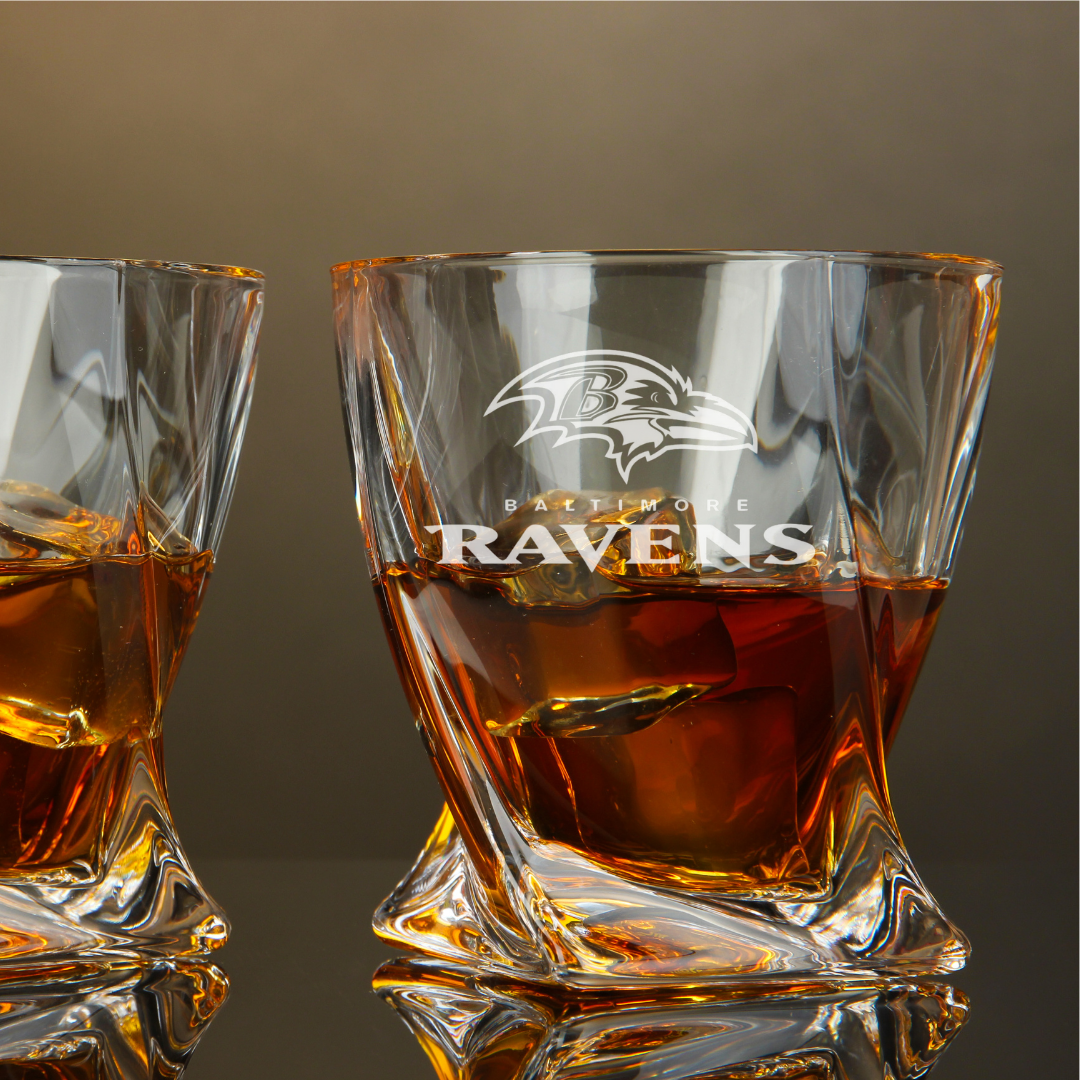 Custom Engraved Baltimore Ravens Whiskey Glass – 10 oz Twisted Rocks Glass