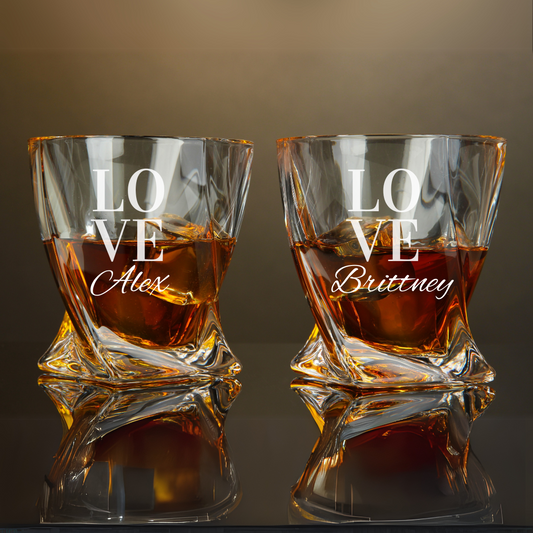Personalized Engraved "LOVE" Whiskey Glass Pair of 10 oz Twisted Valentine's Day