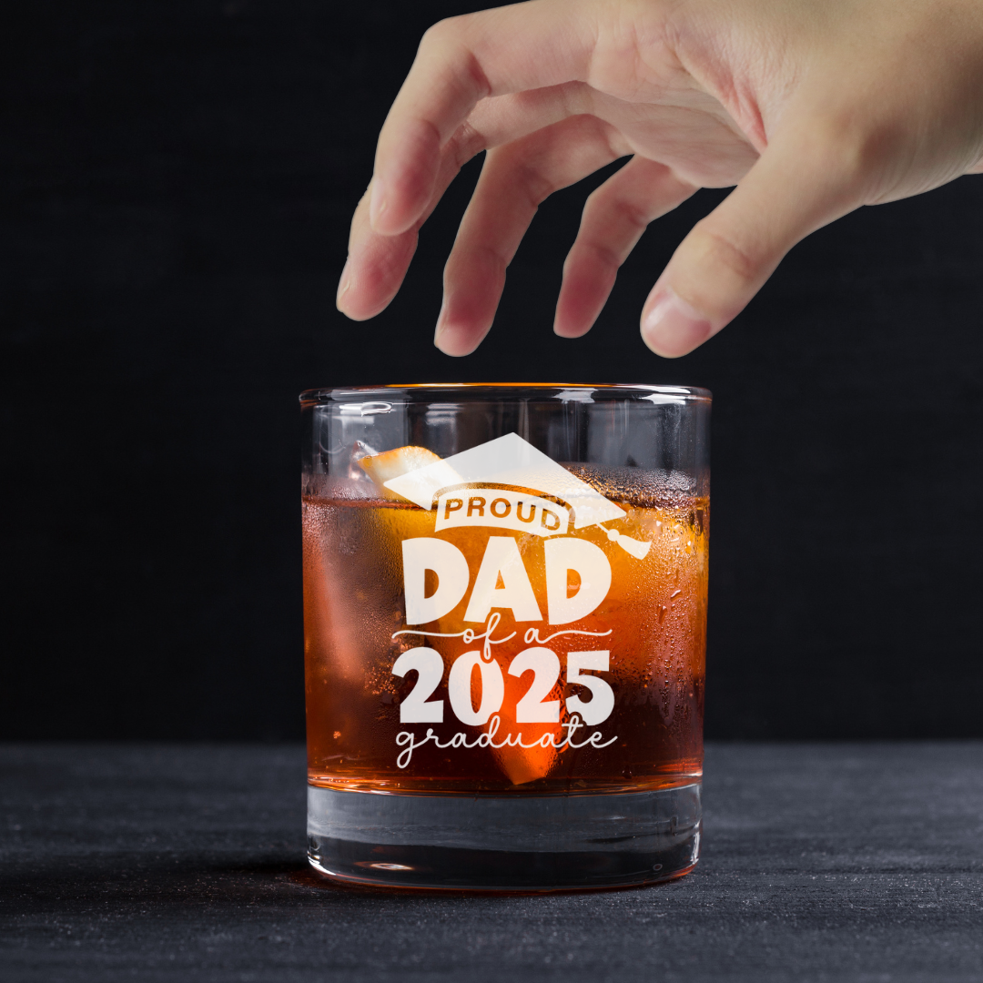 Custom Engraved Proud Dad of a 2025 Graduate Whiskey Glass – 11 oz Standard Rock