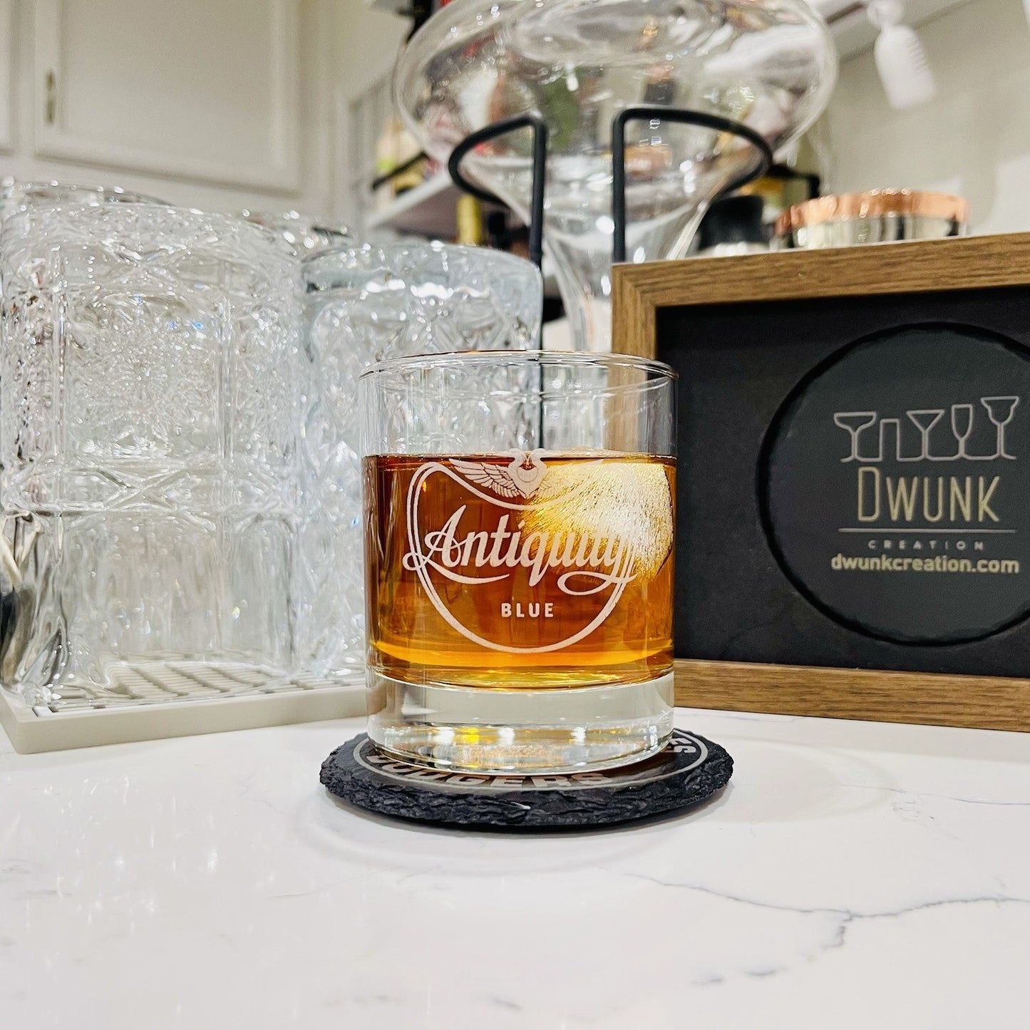 Custom Engraved Antiquity Blue Whiskey Glass – 11 oz Standard Rocks Glass