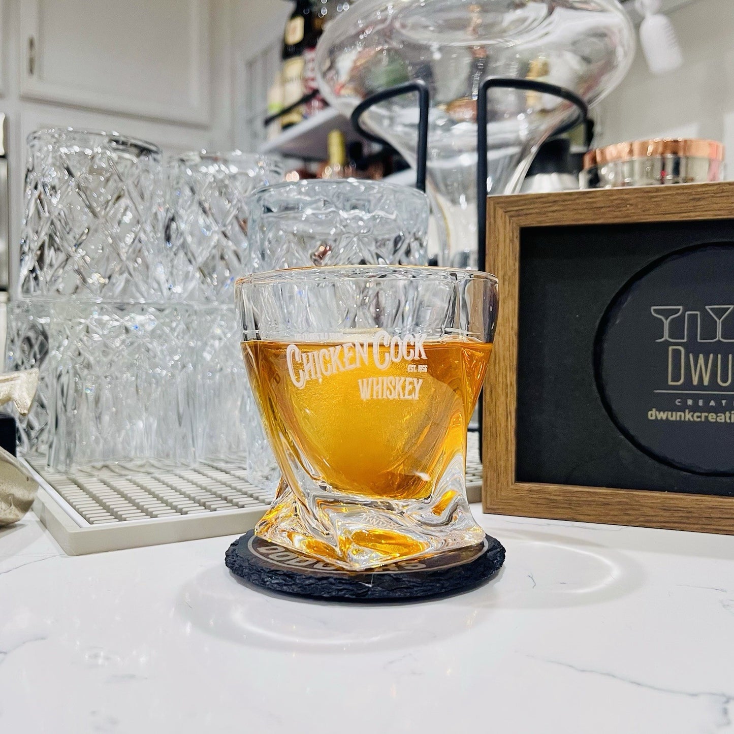 Custom Engraved Chicken Cock Twisted Whiskey Glass – 10 oz Rocks Glass