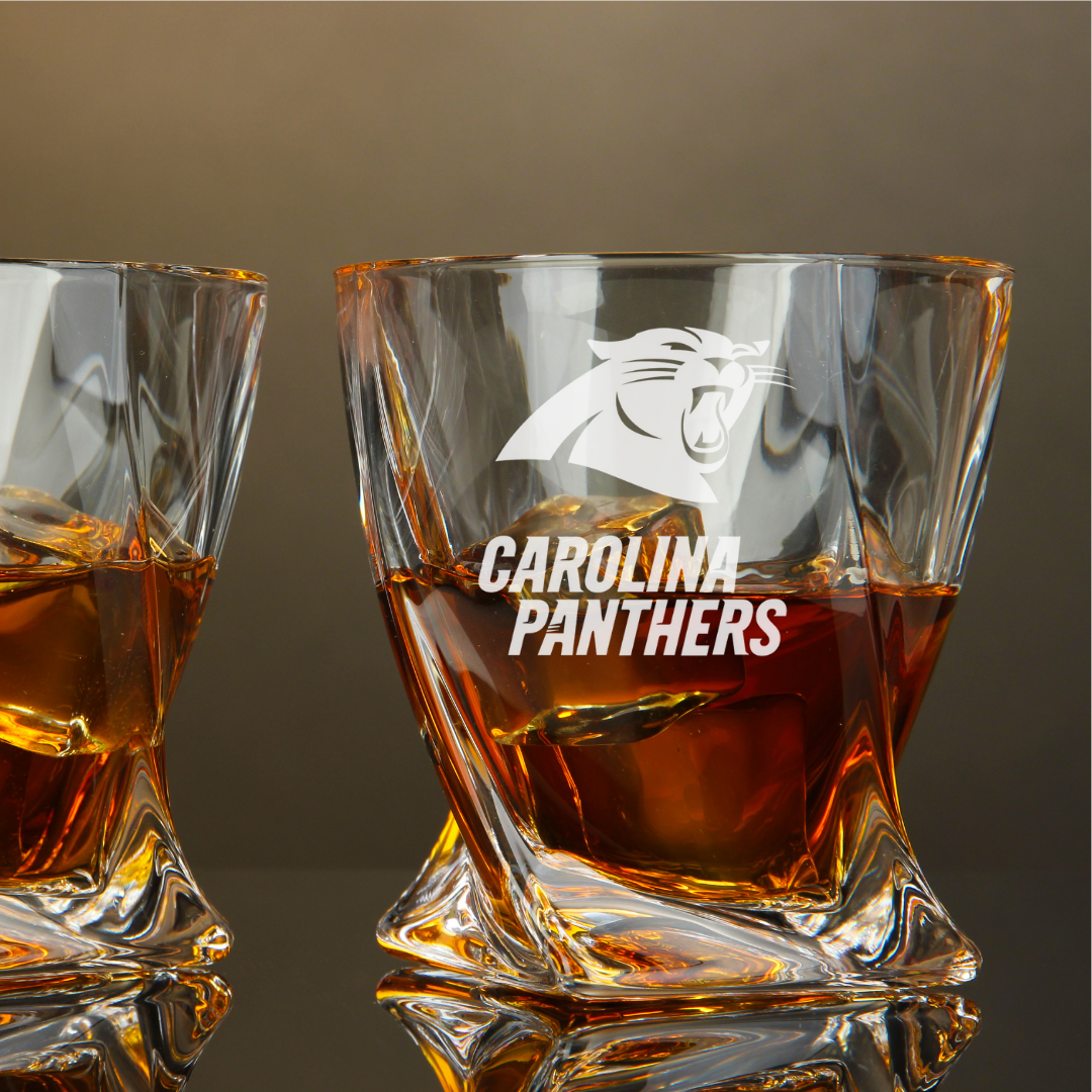Custom Engraved Carolina Panthers Whiskey Glass – 10 oz Twisted Rocks Glass