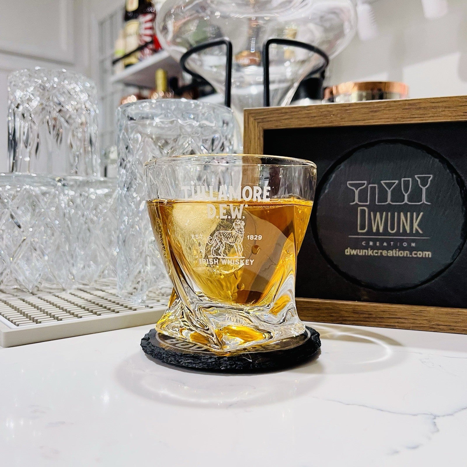 Custom Engraved Tullamore D.E.W. Irish Whiskey Glass – 10 oz Twisted Rocks Glass