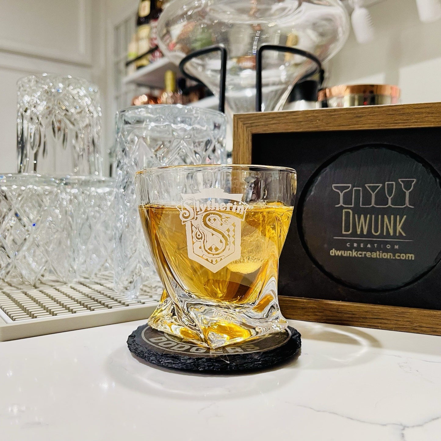 Custom Harry Potter House Slytherin Whiskey Glass – 10 oz Twisted Rocks Glass