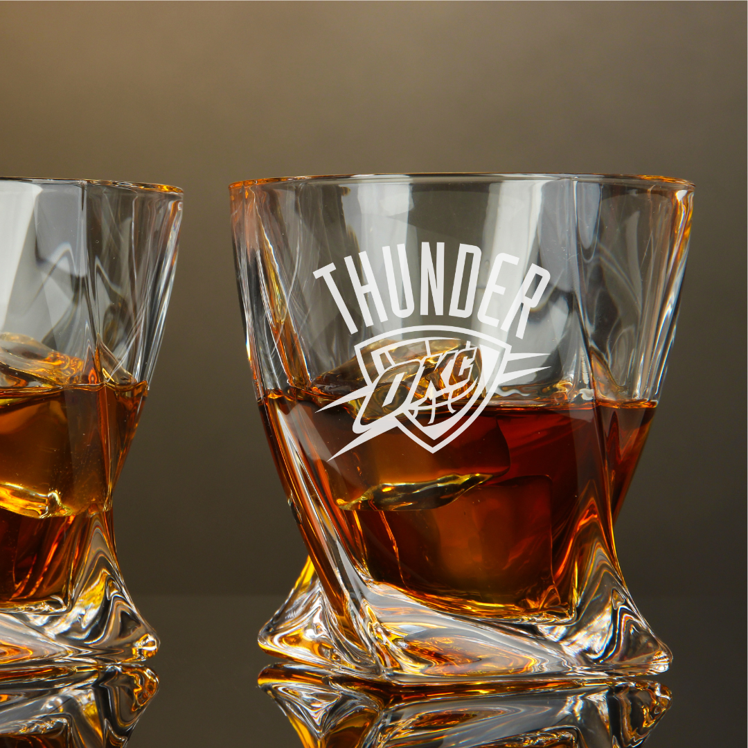 Custom Engraved Oklahoma City Thunder Whiskey Glass – 10 oz Twisted Rocks Glass