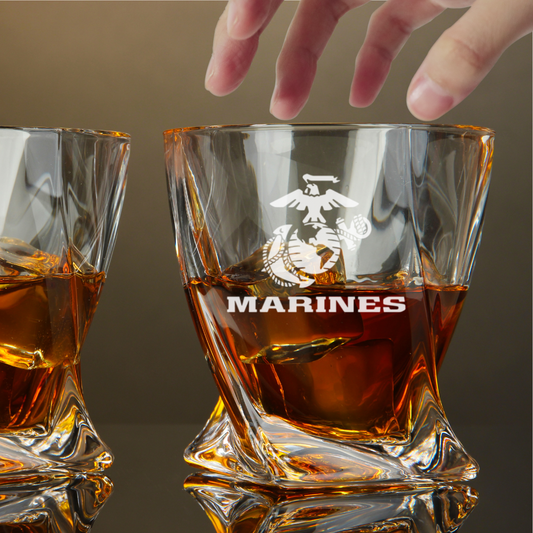 Custom Engraved US Marines Whiskey Glass – 10 oz Twisted Rocks Glass